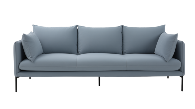 Modern three-seater sofa with light blue upholstery and black metal legs on transparent background