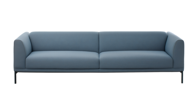 Modern minimalist sofa with light blue upholstery and black metal legs on transparent background