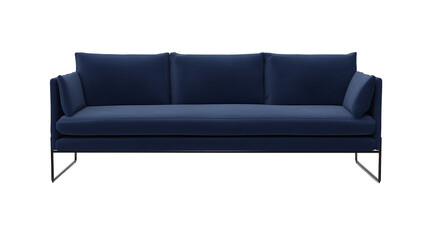Modern three-seater sofa with deep blue upholstery and metallic frame on transparent background