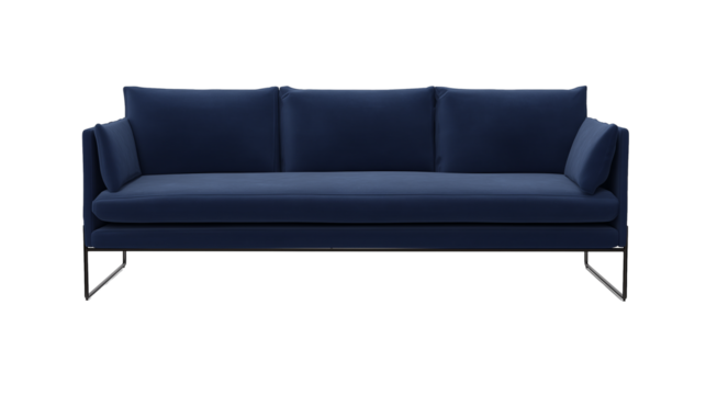 Modern three-seater sofa with deep blue upholstery and metallic frame on transparent background