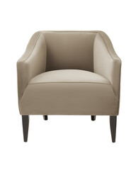 Modern minimalist armchair with light beige upholstery and dark wooden legs on transparent background