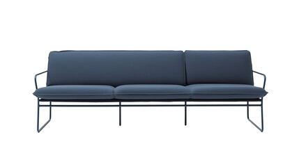 Fototapeta premium Modern minimalist sofa with dark blue upholstery and gray frame on transparent background