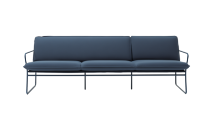 Modern minimalist sofa with dark blue upholstery and gray frame on transparent background