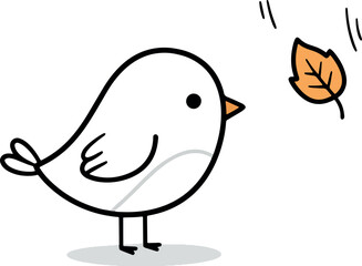 Cute Cartoon Bird Holding Brown Leaf on White Background