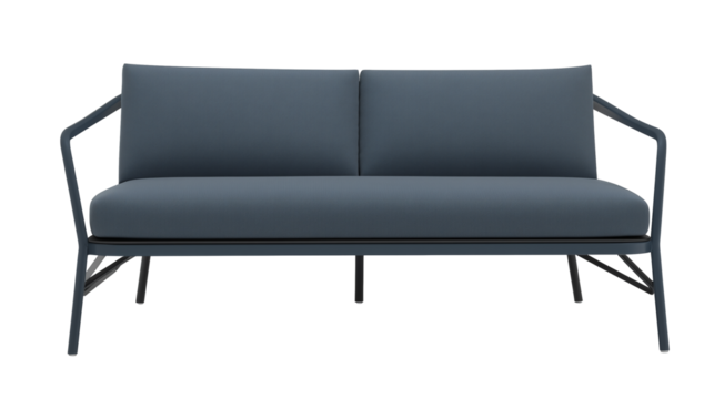 Modern minimalist sofa with dark gray metal frame and dark blue upholstery on transparent background - Powered by Adobe