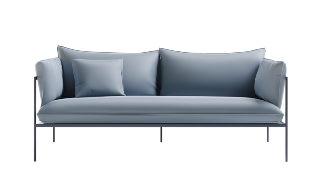 Modern minimalist sofa with light blue upholstery and metal frame on transparent background