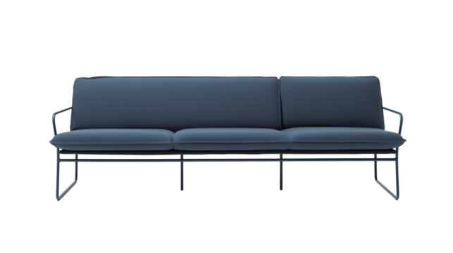 Modern minimalist sofa with dark blue upholstery and gray frame on transparent background - Powered by Adobe