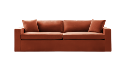 Modern minimalist sofa with terracotta upholstery on transparent background