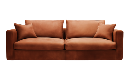 Modern three-seater brown leather sofa with clean lines and minimalist design on transparent background