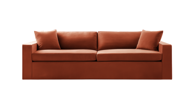 Modern minimalist sofa with terracotta upholstery on transparent background