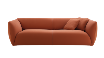 Modern minimalist burnt orange leather sofa with cushions on transparent background