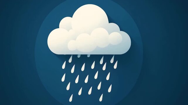 Rain cloud icon with falling water droplets on blue background, simple weather illustration showing rainfall symbol, clean graphic design for meteorology forecast or weather app interface element
