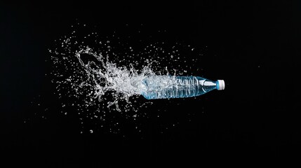 A clear plastic water bottle is captured mid-explosion, with a large splash of water erupting from its side against a solid black background. Dynamic motion and