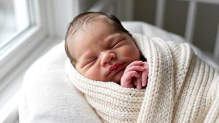 Newborn baby peacefully sleeping wrapped in a cozy cream knit blanket bathed in soft window light during an intimate family bonding moment