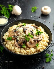 Creamy Mushroom Risotto with Parmesan and Parsley Garnish.
