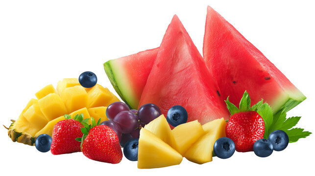 Assorted fresh fruits including watermelon, pineapple, blueberries, strawberries, and grapes on transparent background