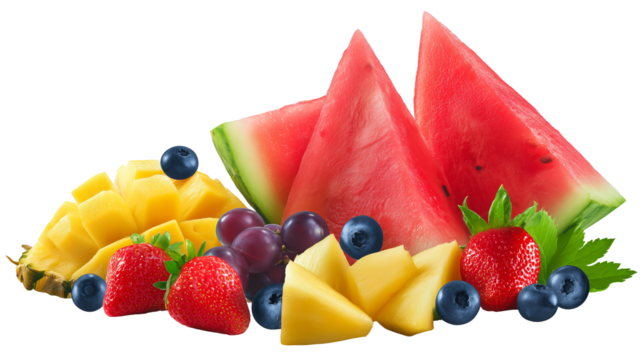 Assorted fresh fruits including watermelon, pineapple, blueberries, strawberries, and grapes on transparent background