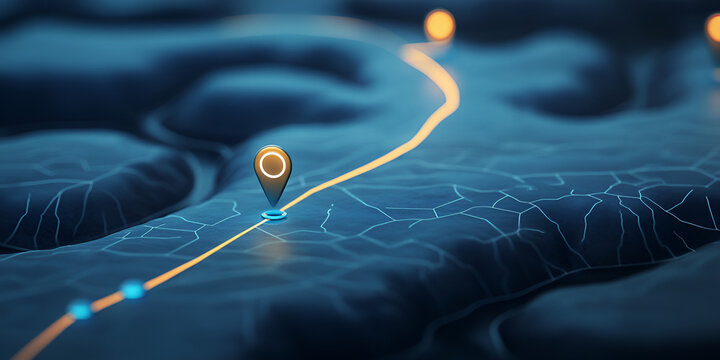 Navigation map path with digital destination pins glowing across a blue landscape representing logistical planning and global connectivity.