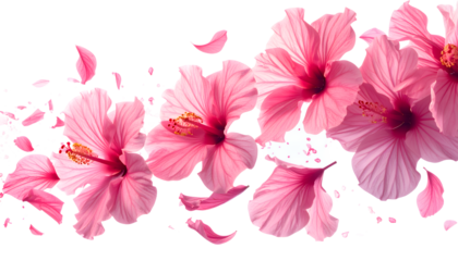 Pink hibiscus flowers in full bloom with falling petals against a white background