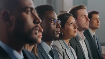 A diverse group of focused professionals in business attire attending an event, looking forward with serious expressions.