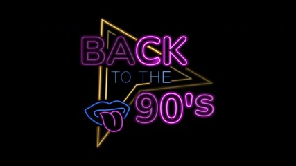 Loop animation of a neon sign reading back to the 90s. Back to 90s neon sign for nostalgic vibes. Suitable for retrothemed designs, social media posts, or event promotions with 90s aesthetic.