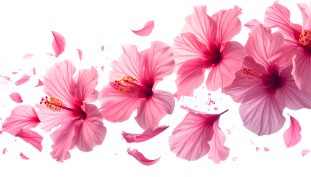 Pink hibiscus flowers in full bloom with falling petals against a white background