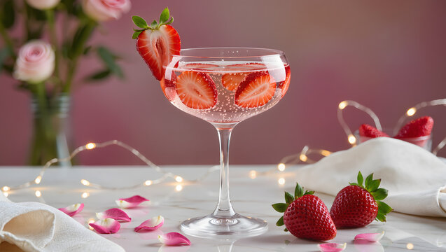 Sparkling ros&eacute; cocktail with strawberries, romantic aesthetic.