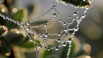 Close up of a spider web covered with water droplets against blurred natural background - Powered by Adobe