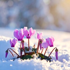 Delicate cyclamen flowers bloom amidst a blanket of fresh winter snow.