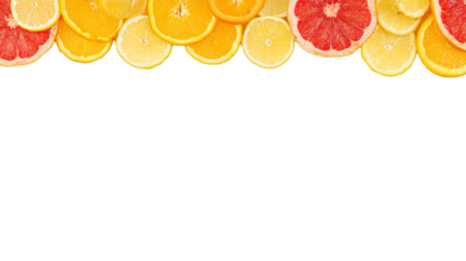 Sliced citrus fruits including oranges, lemons, and grapefruits on transparent background