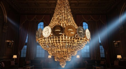 Elaborate chandelier adorned with blinded currency in a luxurious room setting