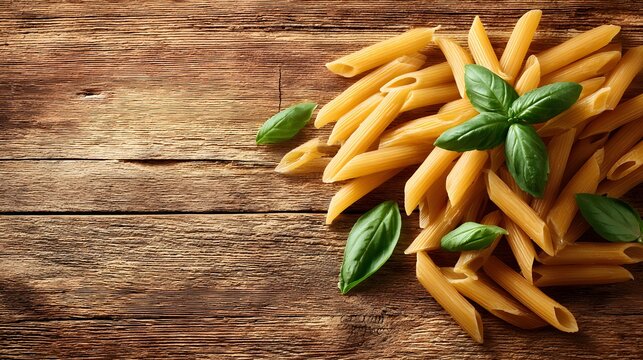Uncooked Penne Pasta and Fresh Basil Leaves on Rustic Wooden Table.