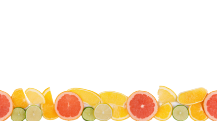 Row of halved citrus fruits including lemons, limes, oranges, and grapefruits on transparent background