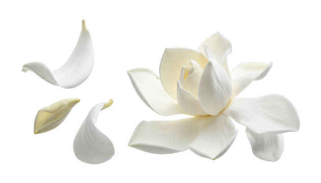 Beautiful white gardenia flower with scattered petals against a clean white background, showcasing delicate elegance and floral beauty