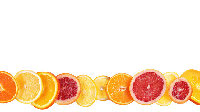 Sliced citrus fruits including oranges, lemons, and grapefruits in a symmetrical arrangement on transparent background