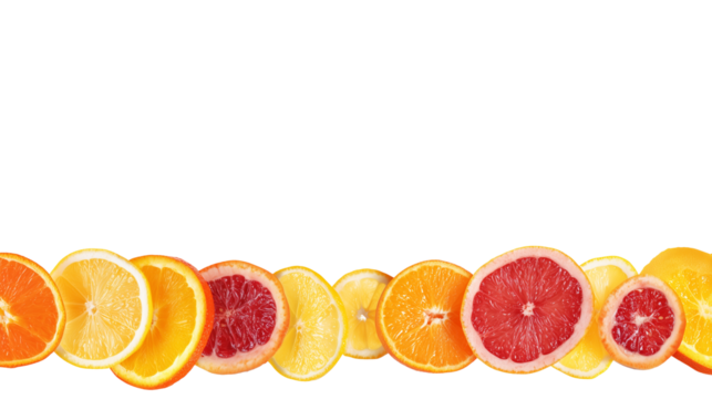 Sliced citrus fruits including oranges, lemons, and grapefruits in a symmetrical arrangement on transparent background