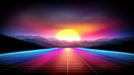 A vibrant, retro-futuristic landscape featuring a neon grid road stretching towards a large, glowing sun setting behind silhouetted mountains. The sky displays