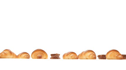 Neatly arranged golden-brown croissants and chocolate treats on transparent background