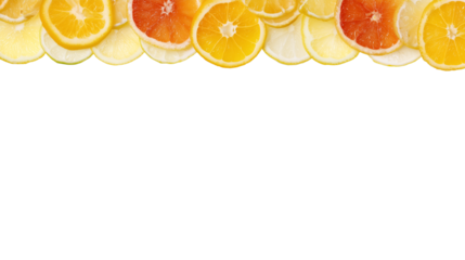 Sliced citrus fruits including lemons, oranges, and grapefruits on transparent background