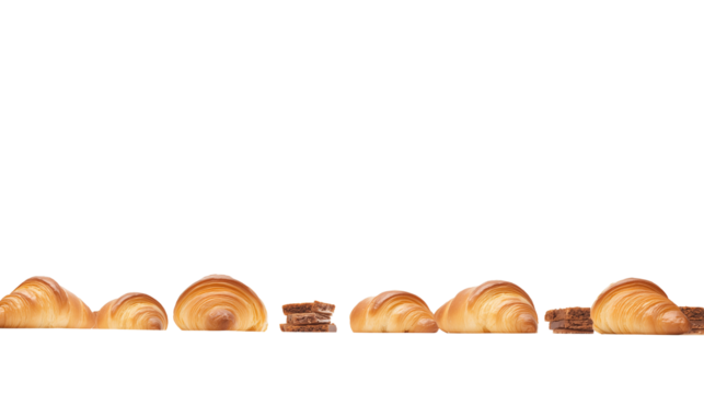 Neatly arranged golden-brown croissants and chocolate treats on transparent background