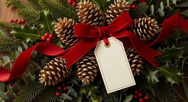 Festive Decoration: a captivating arrangement, showcasing natural pinecones, verdant holly, vibrant red berries and satin ribbon and a tag, embodying the spirit of holidays.
