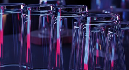 Neon illumination on elegant crystal glasses in a sophisticated bar setting