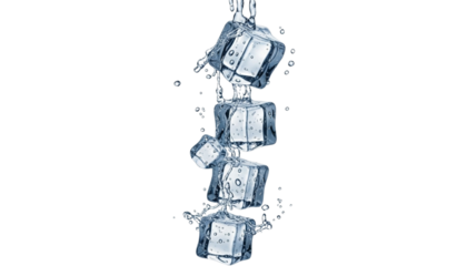 Four Clear Ice Cubes Floating in a Cascade with Water Droplets, Isolated Against a Transparent Background
