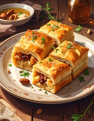 Delicious Baklava Pastries with Nuts and Syrup on Rustic Table.