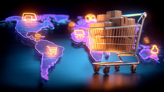 A global ecommerce concept displaying a shopping cart with packages symbolizing worldwide online purchasing and digital retail expansion.
