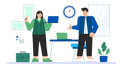 Office teamwork with multicultural employees Flat Vector Illustration