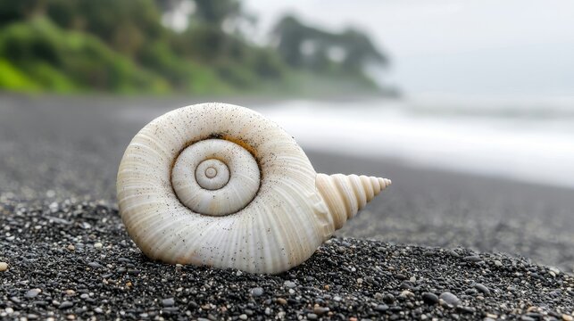 A close-up, detailed view of a spiral white seashell resting on a dark, pebbly beach. The background features a blurred, foggy ocean with waves and a distant, g - Powered by Adobe