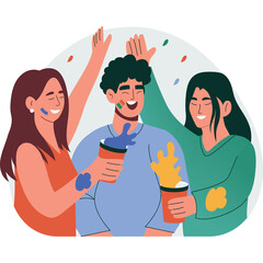 Three Friends Joyfully Celebrating Holi Festival with Colorful Powders and Confetti in a Festive Atmosphere With Happy Faces and Vibrant Colors Representing Joy and Togetherness