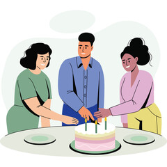 Three friends gather around a birthday cake with lit candles on a table celebrating a special occasion together with joy and smiles in a light-colored room