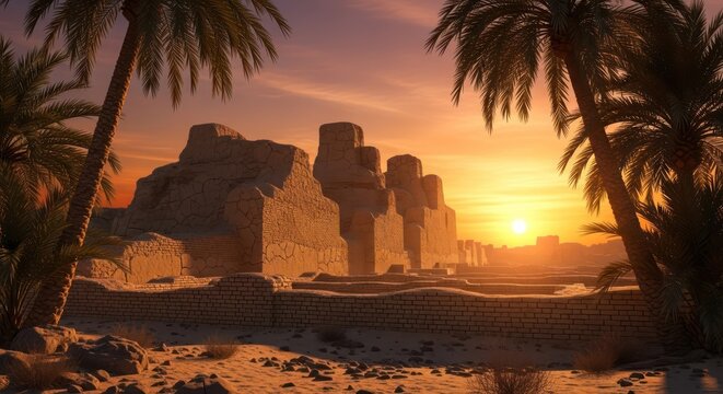 Ancient city ruins silhouette against the horizon with palm trees at sunset or sunrise - Powered by Adobe